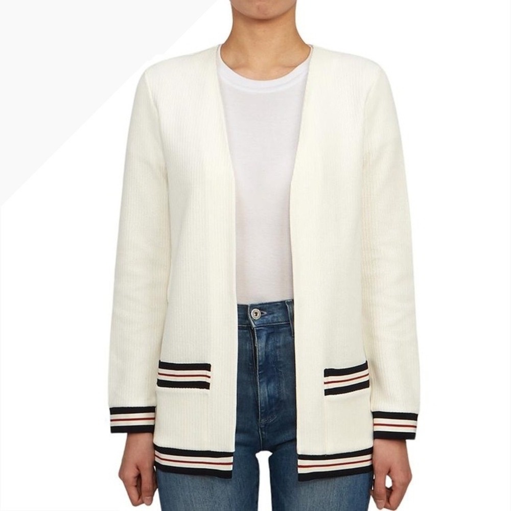 Thom Browne White Rib Knit Open Front Cardigan Stripe Trim Italy IT 38 NEW‎